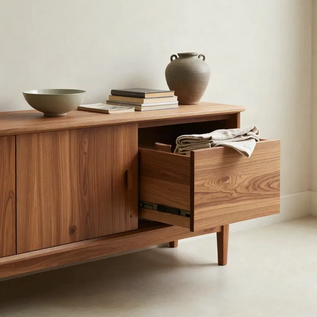 Massief teakhouten dressoir met boeken, vaas en plaid in zacht ochtendlicht.