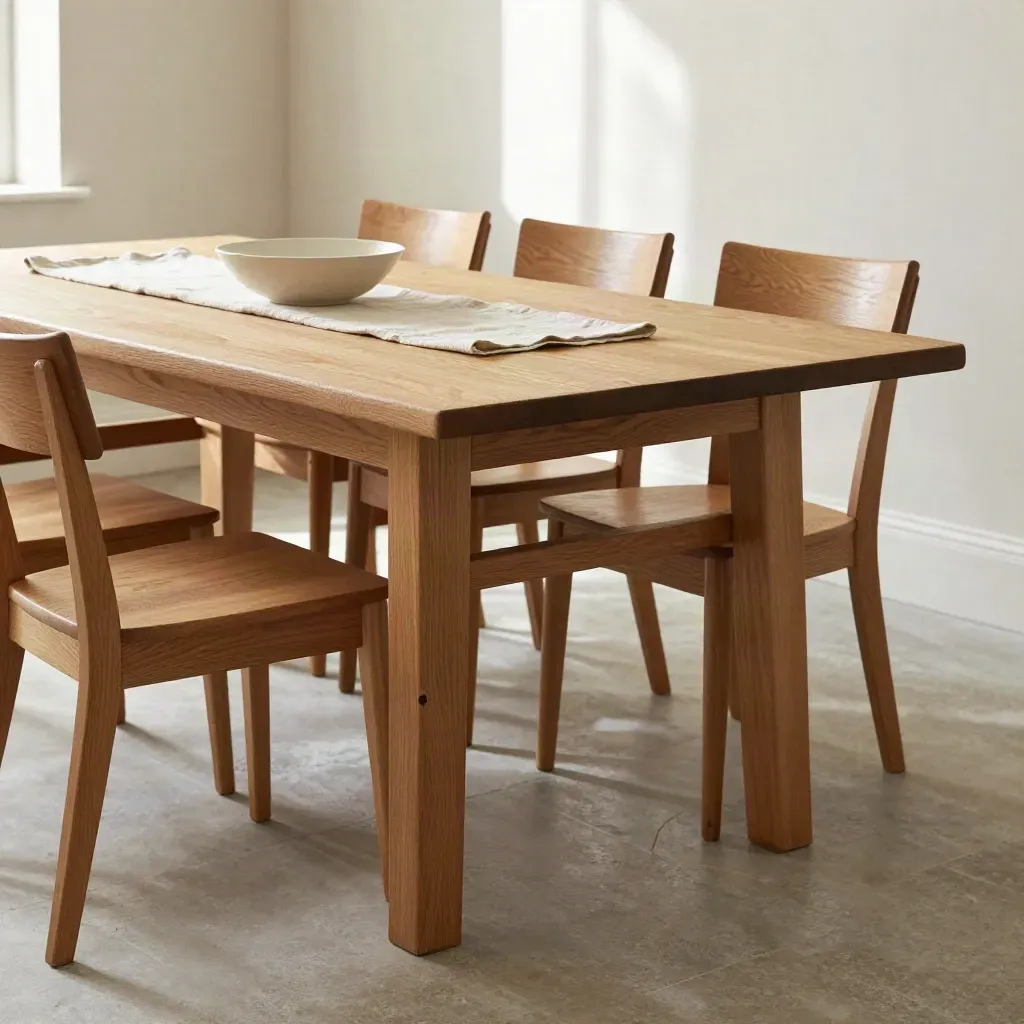 Eiken eettafel met twee stoelen, keramische schaal en linnen loper in zacht ochtendlicht.