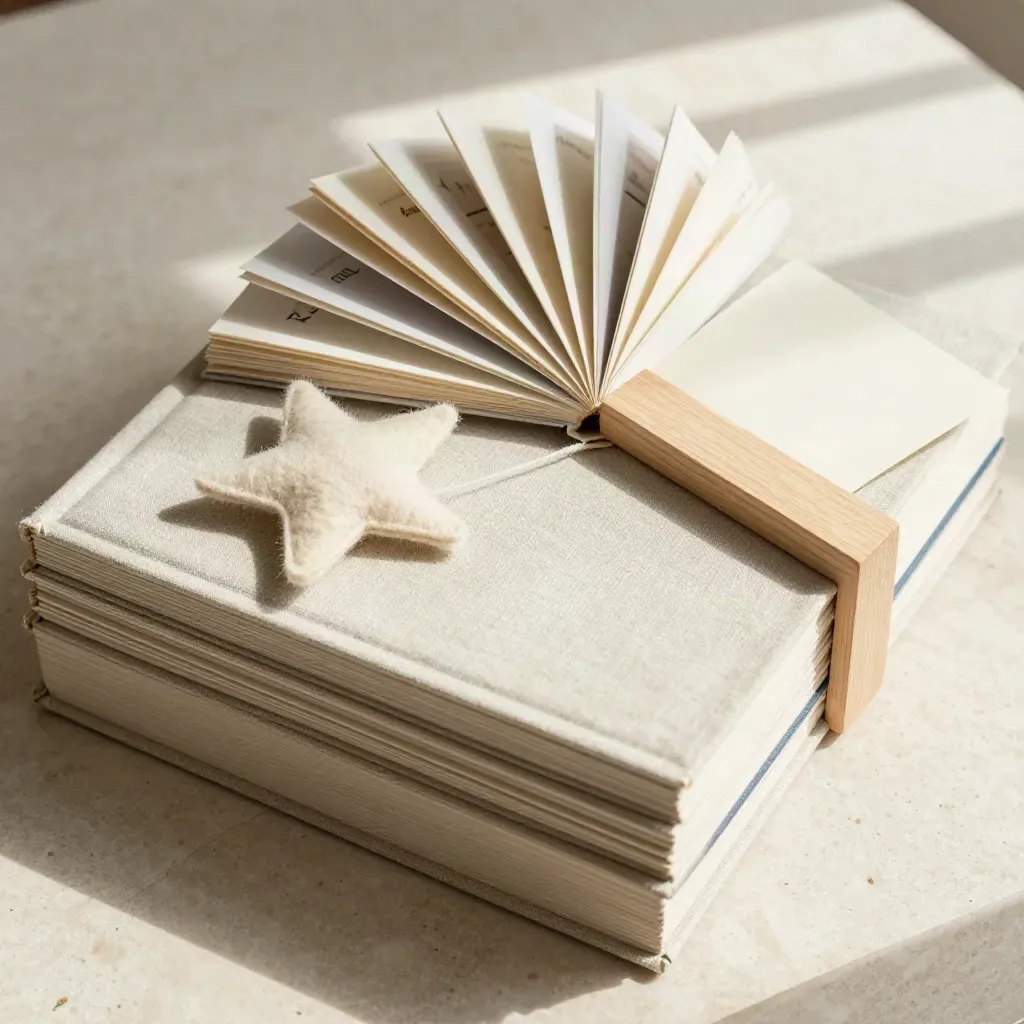 Bovenaanzicht van kinderboeken, vilten ster en houten blokje op een lichte stenen ondergrond.