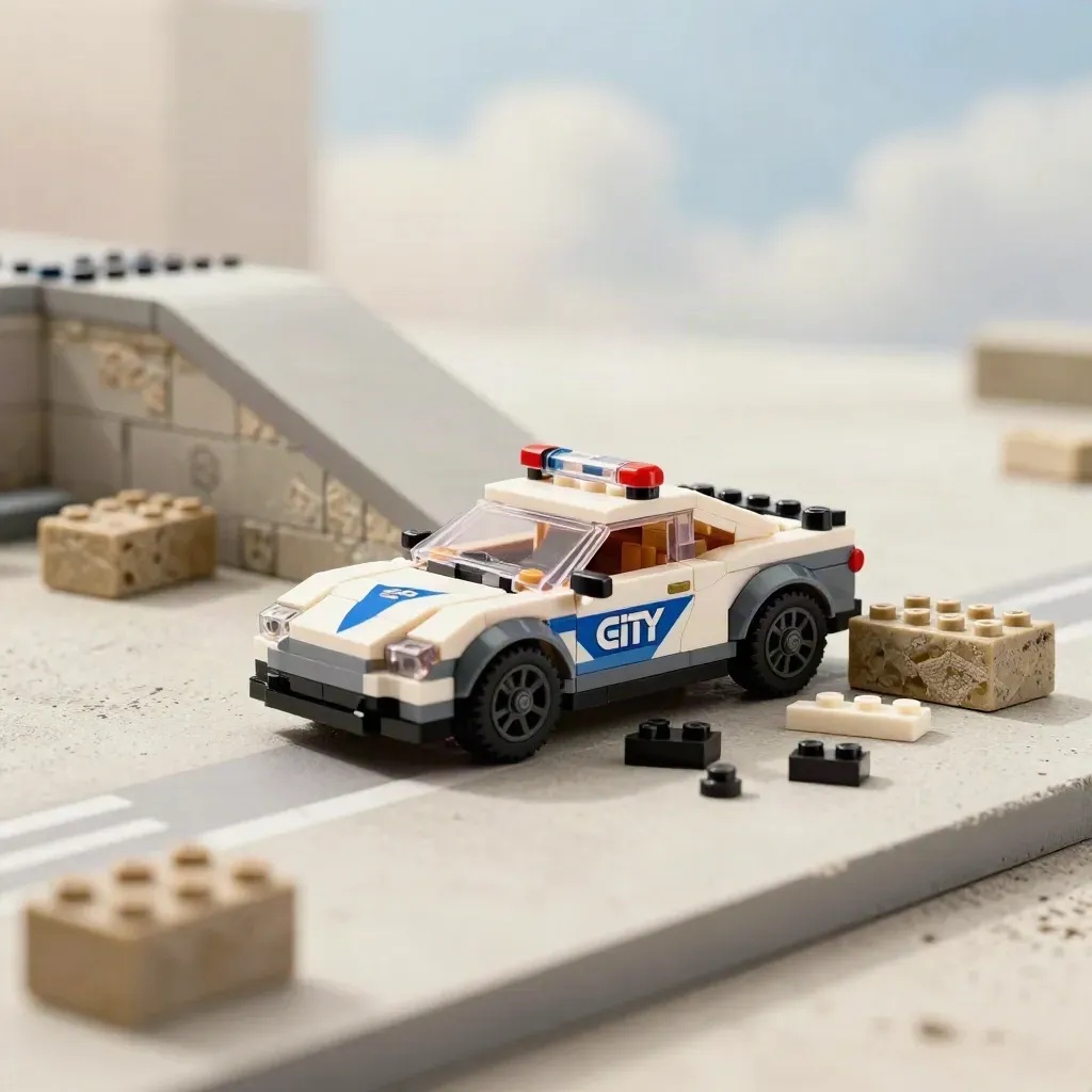 Speelgoed-politiewagen op een kleine oprit met losse steentjes en zachte stofwolken.