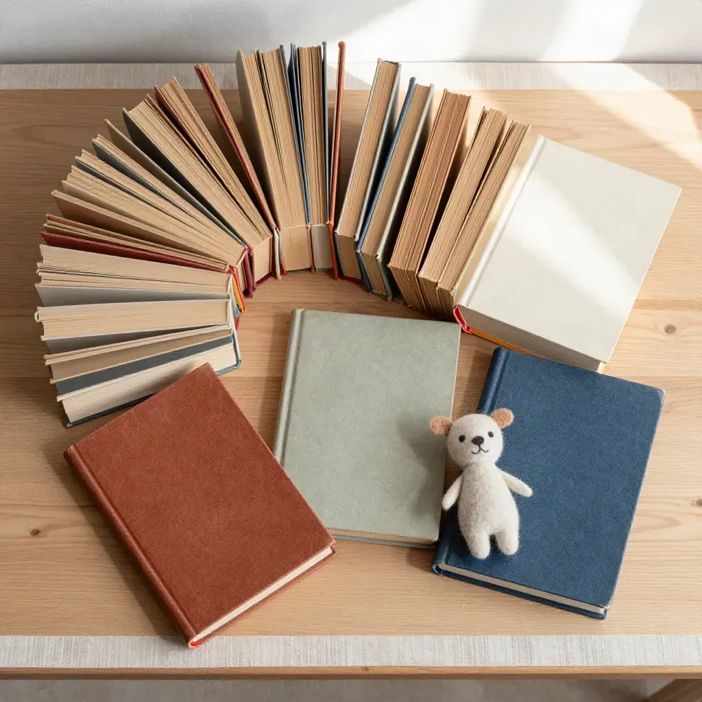 Overhead flatlay van twintig kinderboeken met een vilten diertje op licht hout