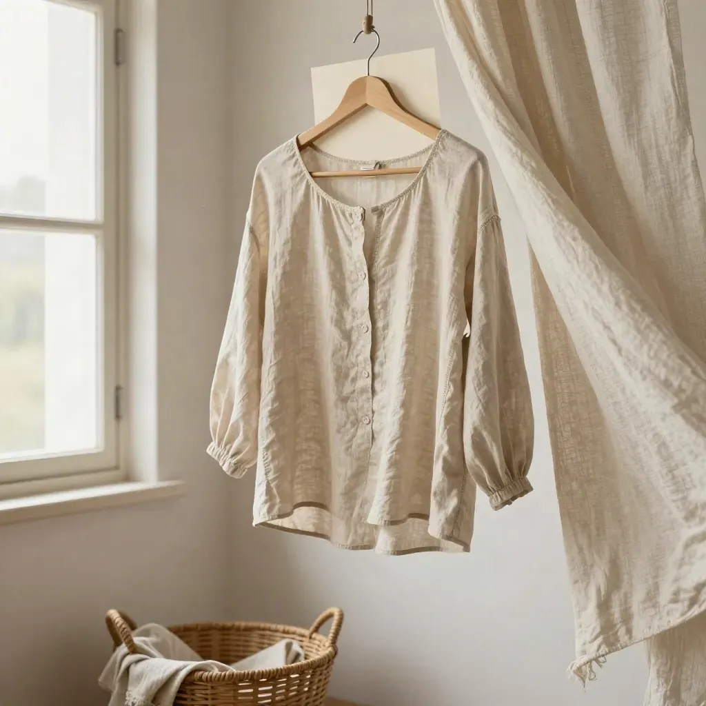 Vintage blouse aan houten hanger bij linnen gordijn en rieten mand in zacht daglicht.